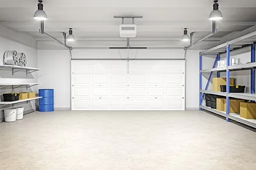 Garage interior with white door and opener installed by Affordable Door Co Oklahoma City