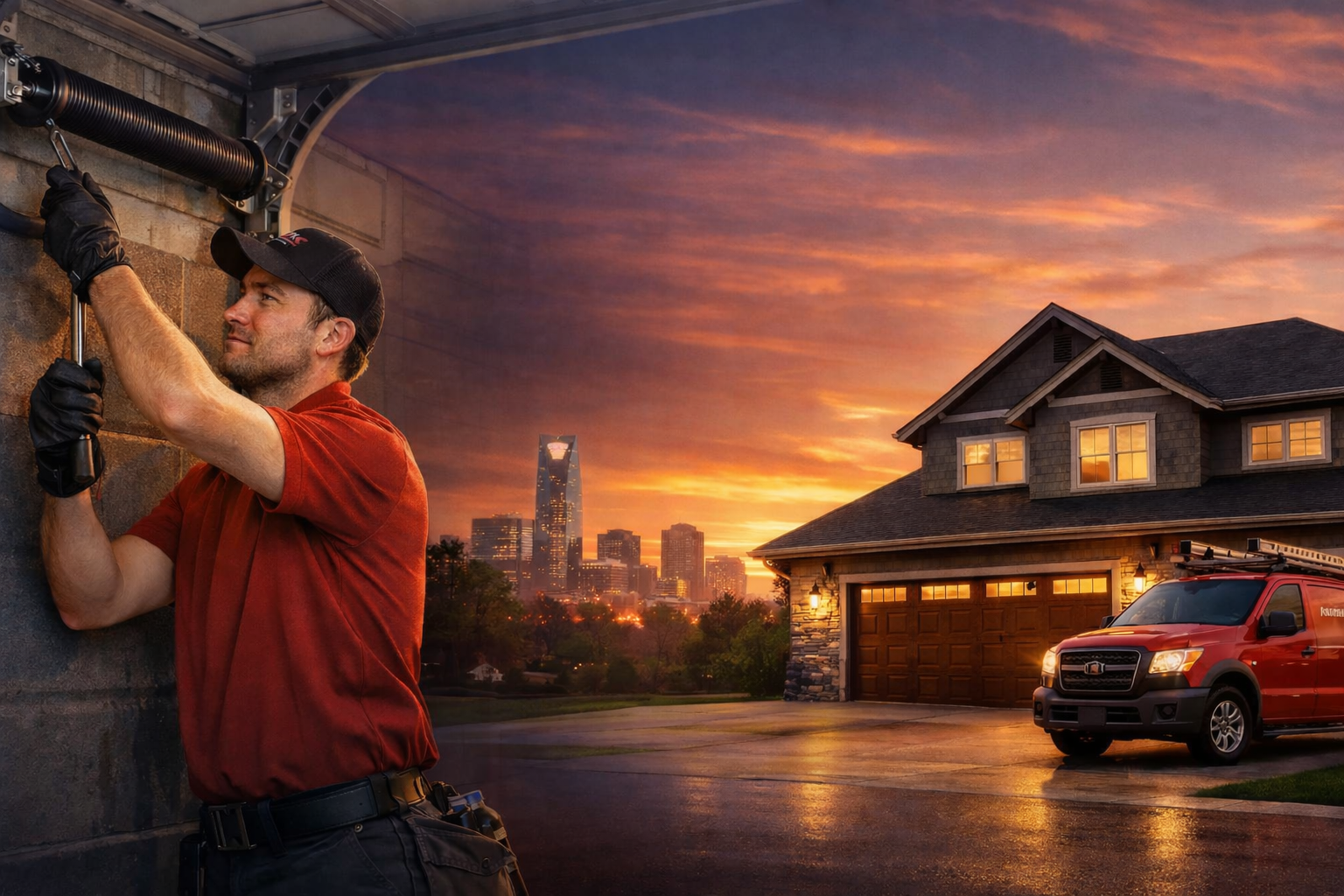 Affordable Door Co technician repairing garage door spring with Oklahoma City skyline at sunset
